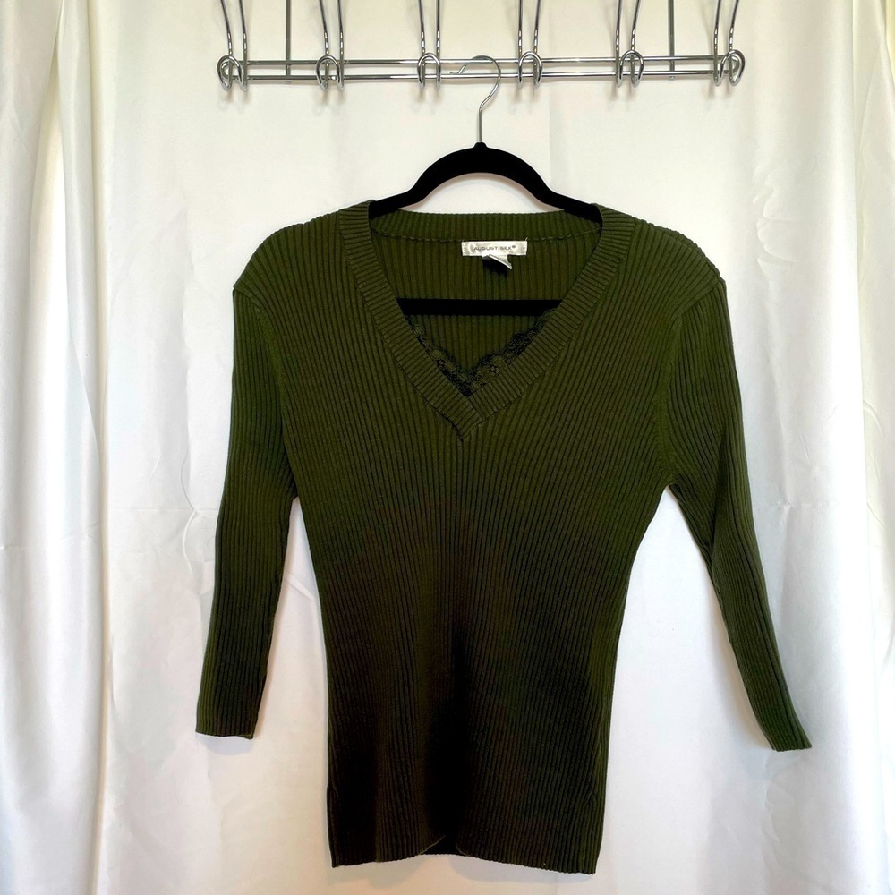 August Silk/ Olive green top v-neck with floral accent​​​​​​​​​​​​​